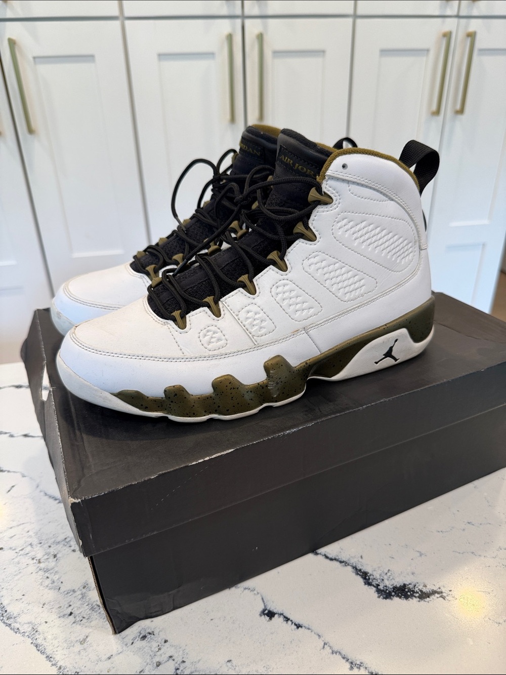 Men’s Air Jordan 9 Retro in White/Black-Militia Green